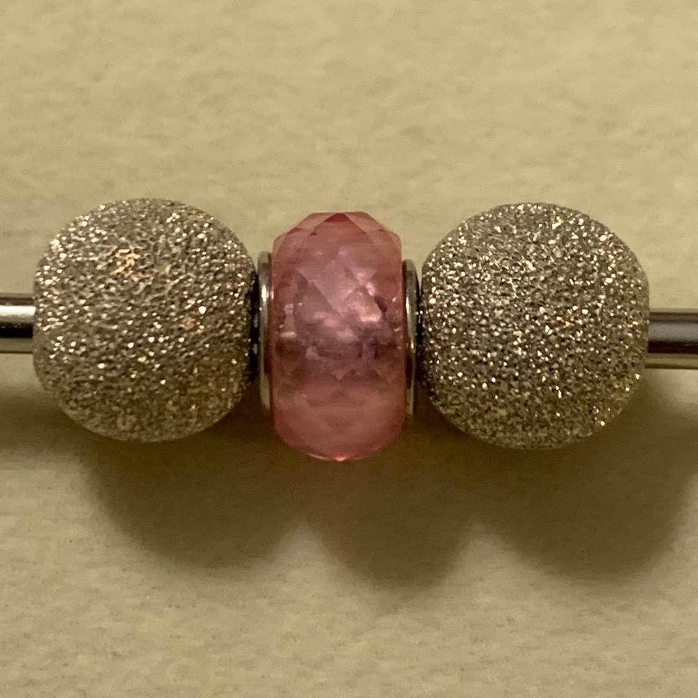 3 Charm Beads: 2 Glitter & Pink Sterling Italy - Picture 1 of 6
